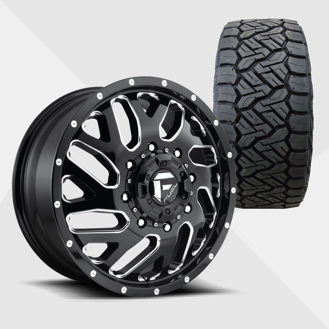 Fuel Offroad Triton Gloss Black Milled 20x8.25 8x165.1 (8x6.5) with Nitto Tires Recon Grappler A/T 35x12.50R20 Dually Package