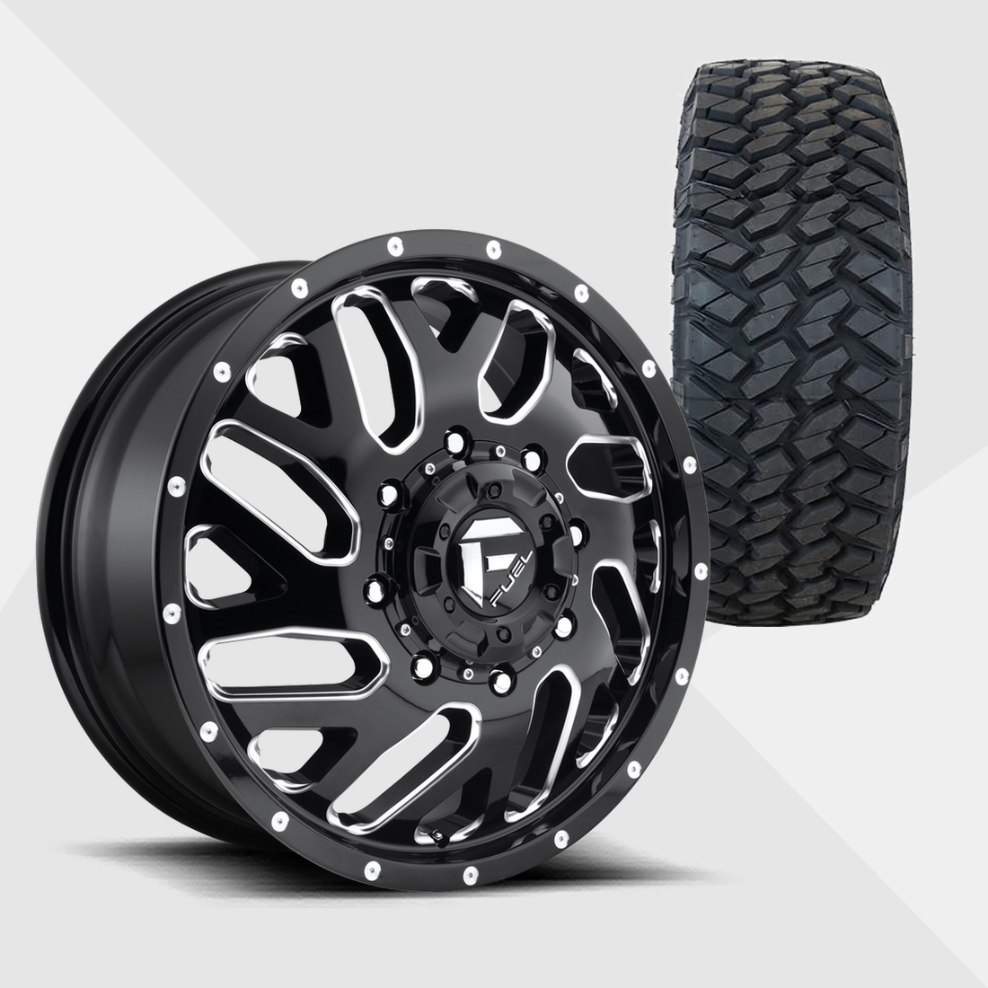 Fuel Offroad Triton Gloss Black Milled 20x8.25 8x165.1 (8x6.5) with Nitto Tires Trail Grappler M/T 285/60R20 Dually Package