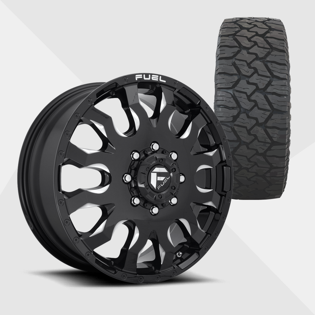 Fuel Offroad Blitz Gloss Black Milled 20x8.25 8x210 with Nitto Tires Exo Grappler AWT 35x11.50R20 Dually Package