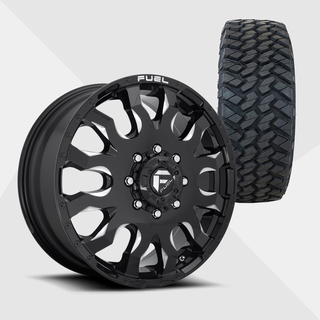 Fuel Offroad Blitz Gloss Black Milled 20x8.25 8x210 with Nitto Tires Trail Grappler M/T 37x11.50R20 Dually Package