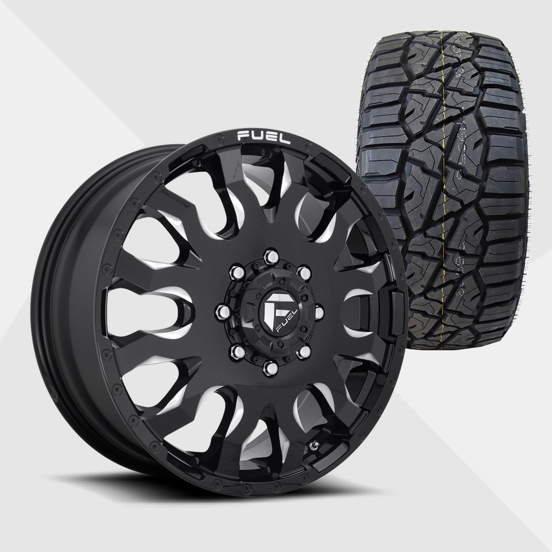Fuel Offroad Blitz Gloss Black Milled 20x8.25 8x165.1 (8x6.5) with TIS Tires TIS Offroad RT1 33x12.50R20 Dually Package