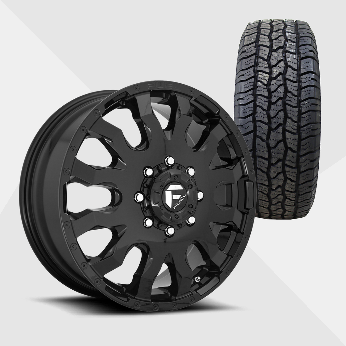 Fuel Offroad Blitz Gloss Black 20x8.25 8x165.1 (8x6.5) with Ironman Tires All Country AT2 265/60R20 Dually Package
