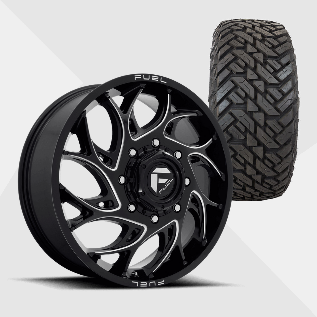 Fuel Offroad Runner Gloss Black Milled 22x8.25 8x200 with Fuel Tires Gripper M/T 35x12.50R22 Dually Package