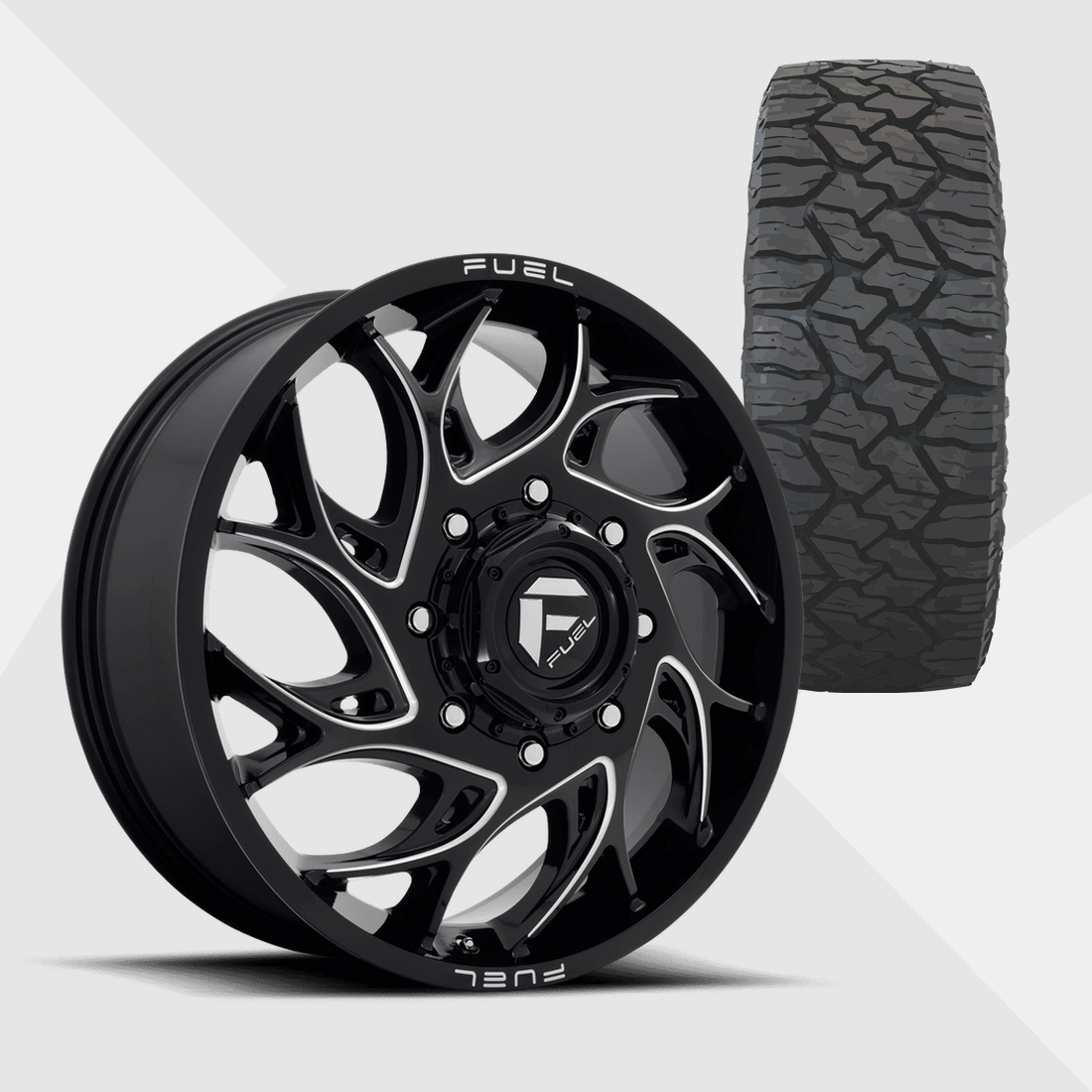 Fuel Offroad Runner Gloss Black Milled 20x8.25 8x210 with Nitto Tires Exo Grappler AWT 35x11.50R20 Dually Package