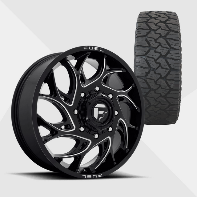 Fuel Offroad Runner Gloss Black Milled 20x8.25 8x210 with Nitto Tires Exo Grappler AWT 35x11.50R20 Dually Package