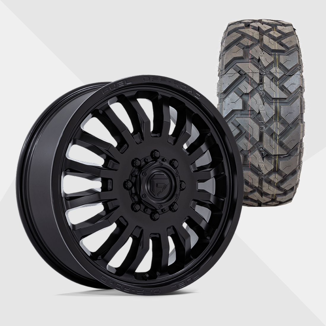 Fuel Offroad D867 Arc Blackout 22x8.25 10x225 with Fuel Tires Gripper X/T 35x12.50R22 Dually Package