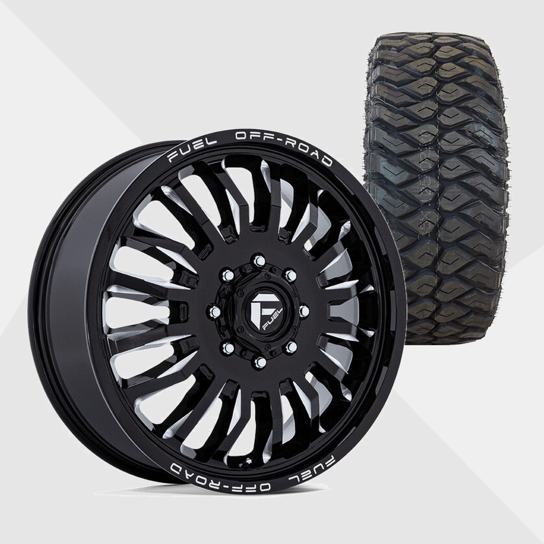 Fuel Offroad ARC Gloss Black Milled 22x8.25 8x165.1 (8x6.5) with Maxxis Tires Razr M/T 35x12.50R22 Dually Package
