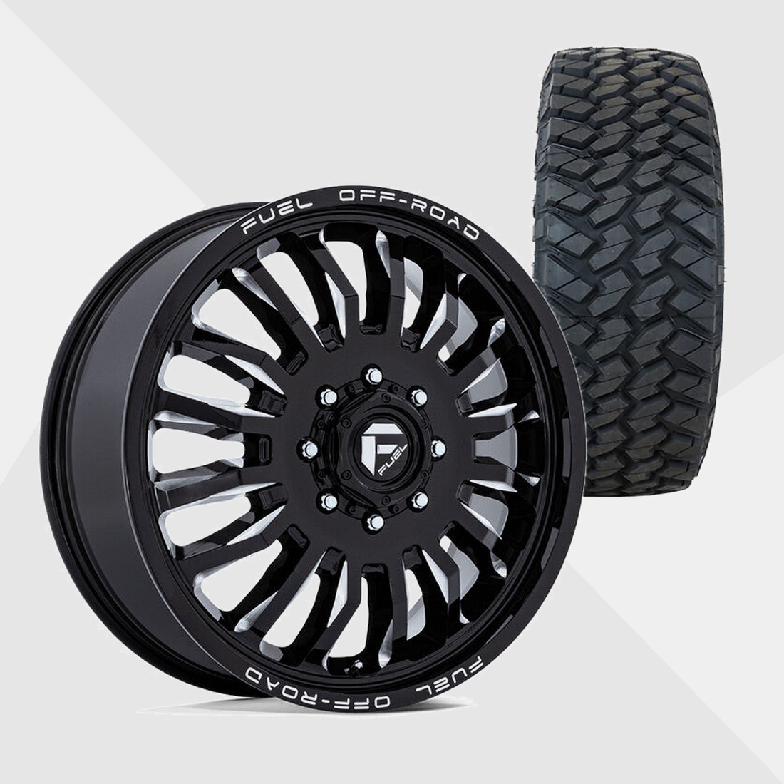 Fuel Offroad D868 Arc Gloss Black Milled 22x8.25 10x225 with Nitto Tires Trail Grappler M/T 33x12.50R22 Dually Package