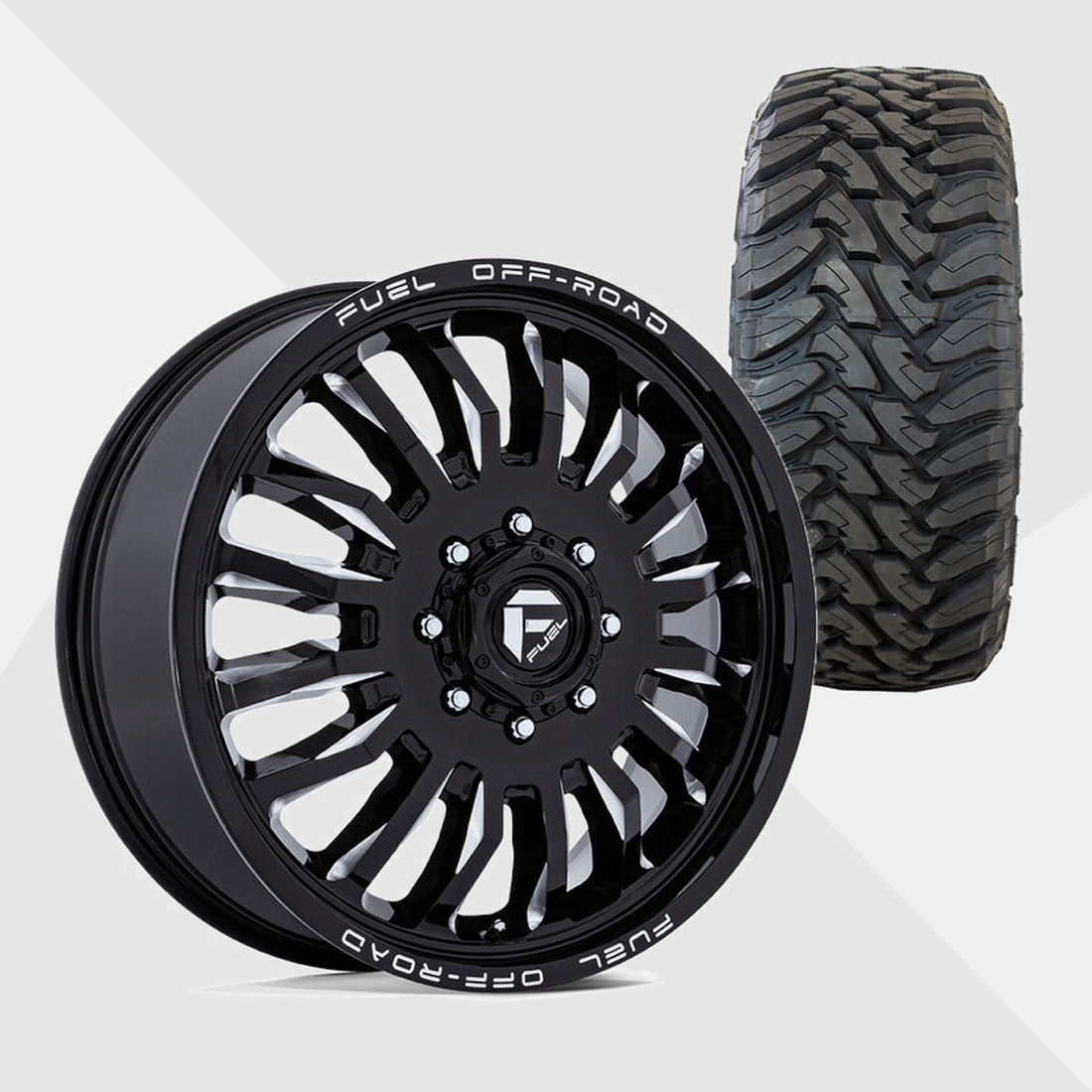 Fuel Offroad D868 Arc Gloss Black Milled 22x8.25 10x225 with Toyo Tires Open Country M/T 295/55R22 Dually Package