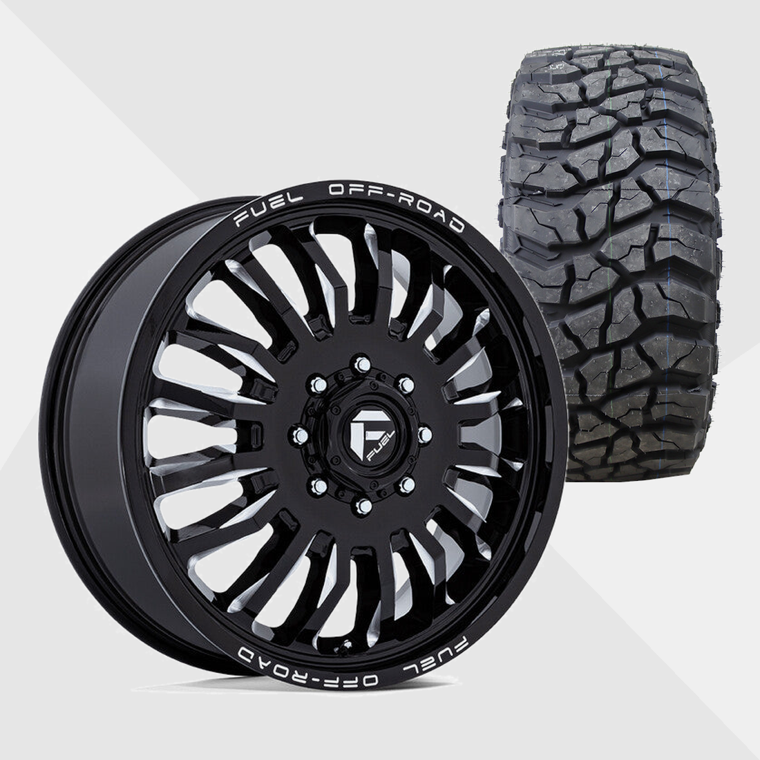 Fuel Offroad D868 Arc Gloss Black Milled 22x8.25 10x225 with Venom Power Tires Swampthing M/T 33x12.50R22 Dually Package