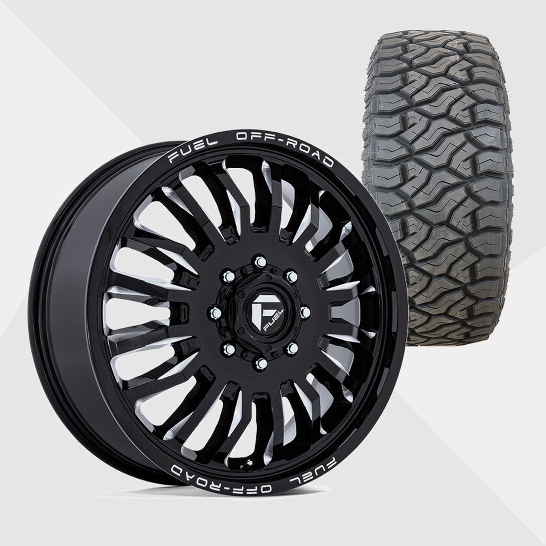 Fuel Offroad Arc Gloss Black Milled 20x8.25 8x165.1 (8x6.5) with Venom Power Tires Terra Hunter R/T 33x12.50R20 Dually Package