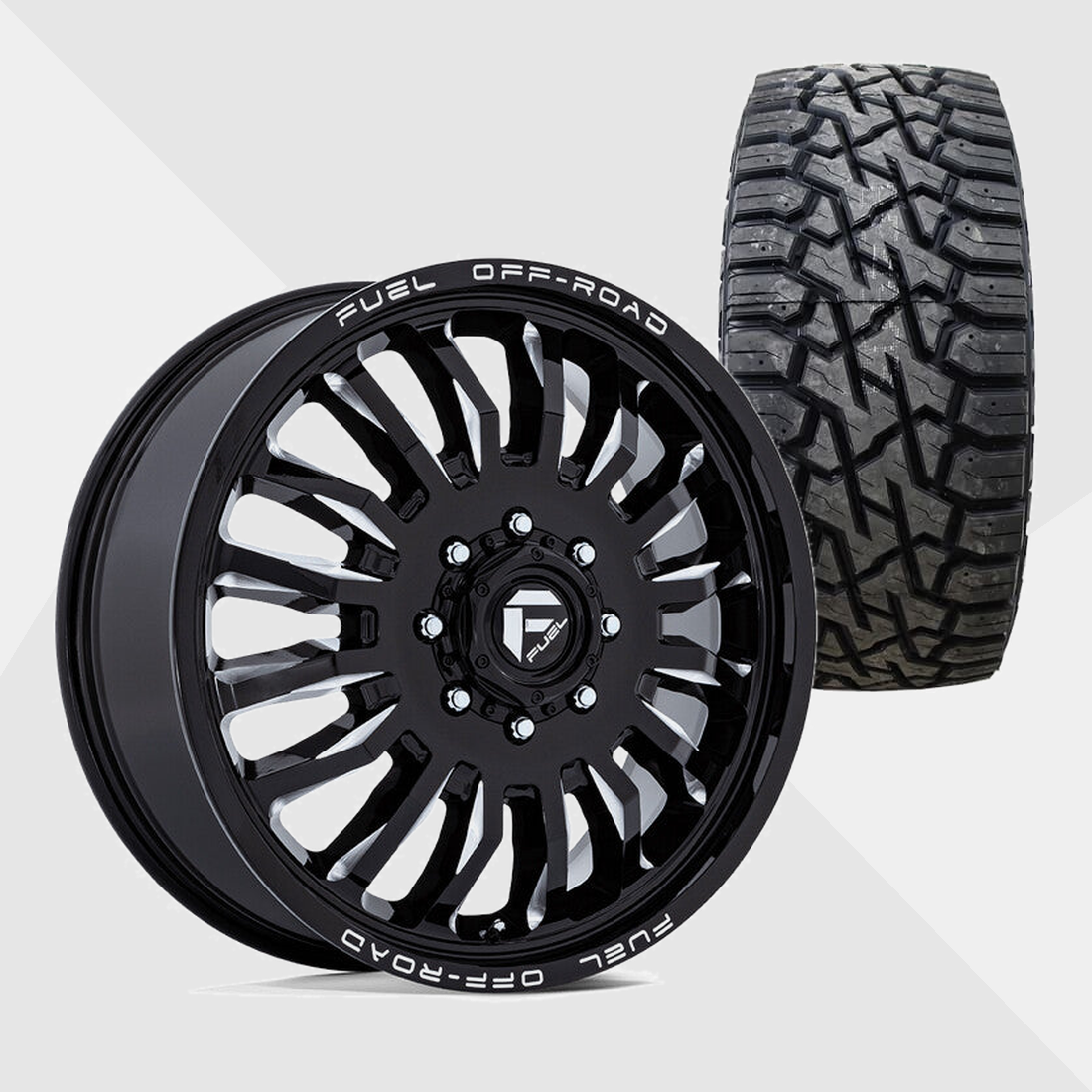 Fuel Offroad ARC Gloss Black Milled 22x8.25 8x165.1 (8x6.5) with Venom Power Tires Trail Hunter R/T 33x12.50R22 Dually Package