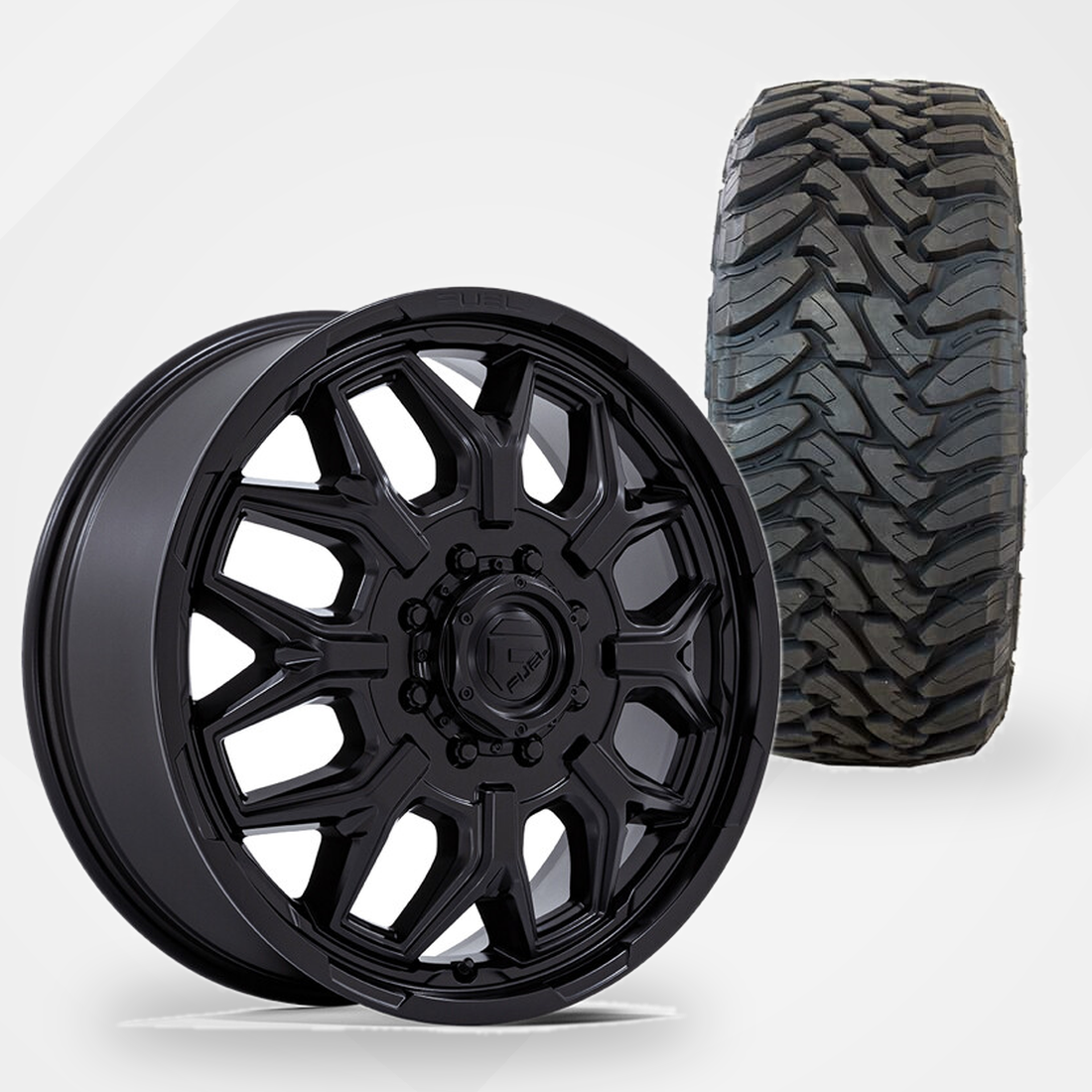 Fuel Offroad Flux 20x8.25 Wheels & Toyo Tires Open Country M/T 35x12.50R20 Tires - 20" Dually Package