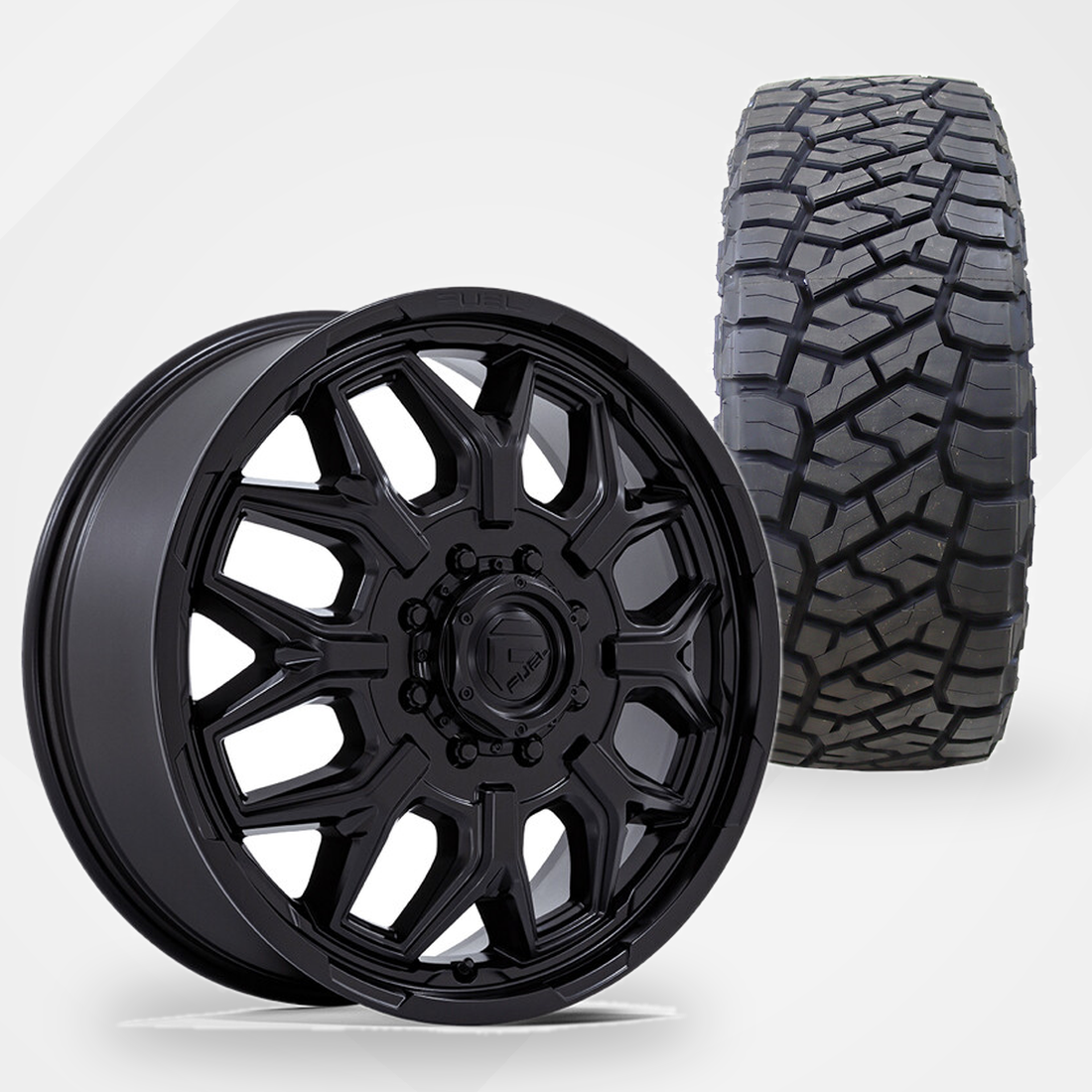Fuel Offroad Flux 20x8.25 Wheels & Toyo Tires Open Country R/T Trail 35x12.50R20 Tires - 20" Dually Package