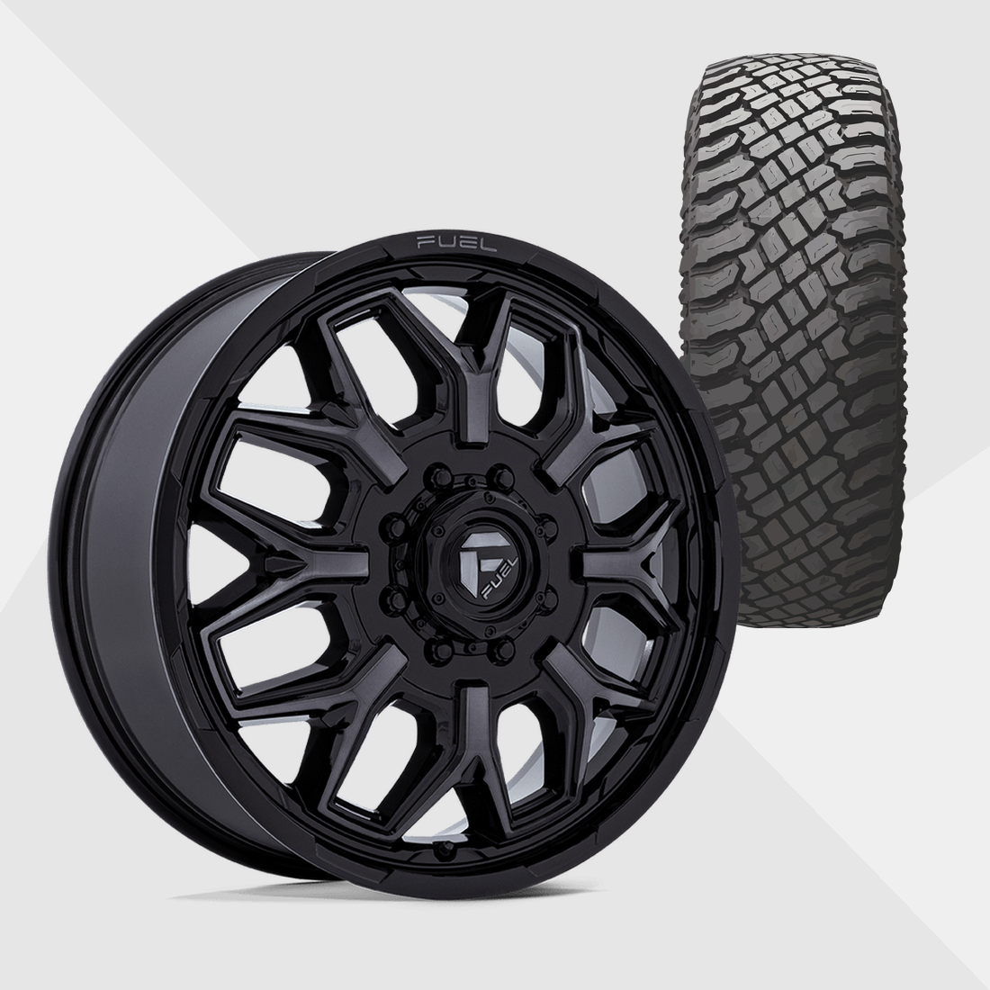 Fuel Offroad Flux Gloss Black Gray Tint Brushed Face 20x8.25 8x165.1 (8x6.5) with Atturo Tires Trail Blade X/T 33x12.50R20 Dually Package