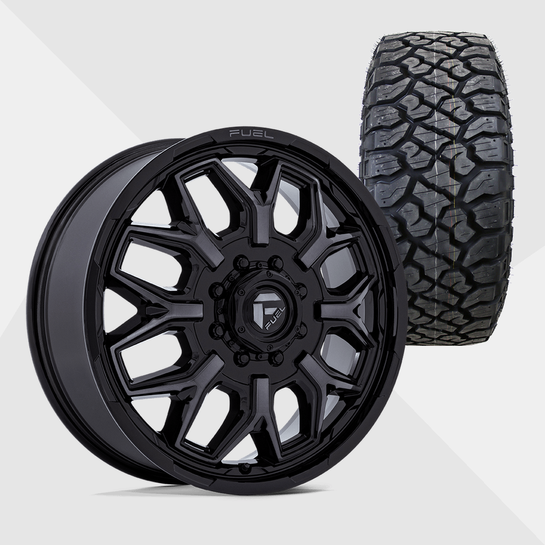 Fuel Offroad Flux Gloss Black Gray Tint Brushed Face 20x8.25 8x210 with Kenda Tires Klever R/T 35x12.50R20 Dually Package