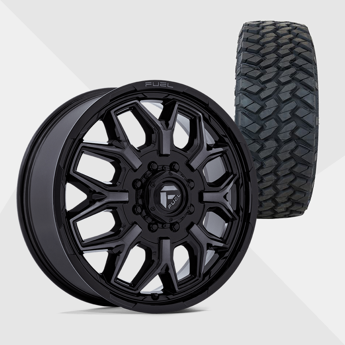 Fuel Offroad Flux Gloss Black Gray Tint Brushed Face 22x8.25 8x210 with Nitto Tires Trail Grappler M/T 285/55R22 Dually Package