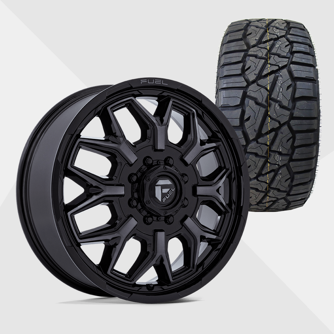 Fuel Offroad Flux Gloss Black Gray Tint Brushed Face 20x8.25 8x210 with TIS Tires TIS Offroad RT1 33x12.50R20 Dually Package