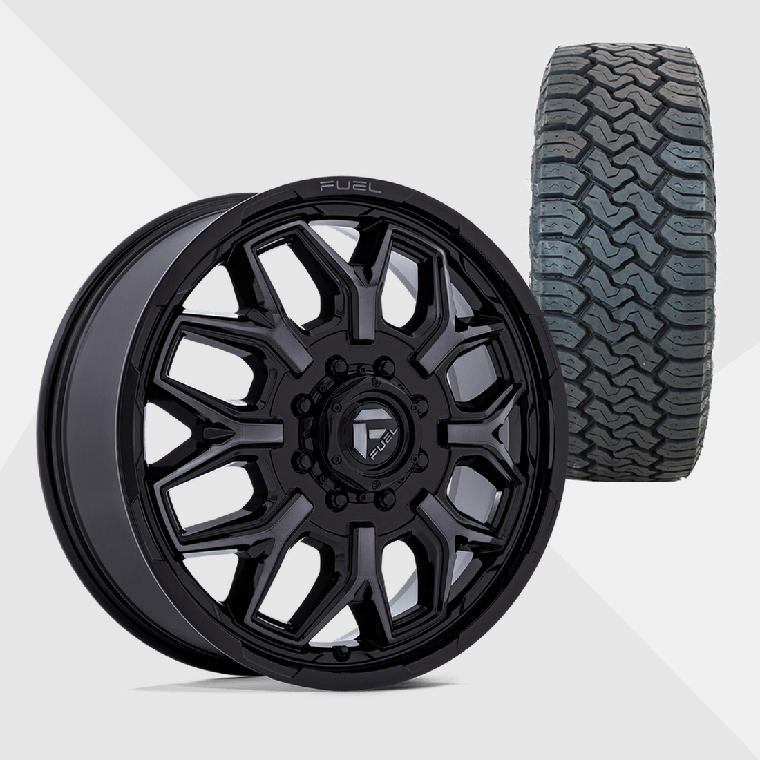 Fuel Offroad Flux Gloss Black Gray Tint Brushed Face 20x8.25 8x165.1 (8x6.5) with Toyo Tires Open Country C/T 35x12.50R20 Dually Package