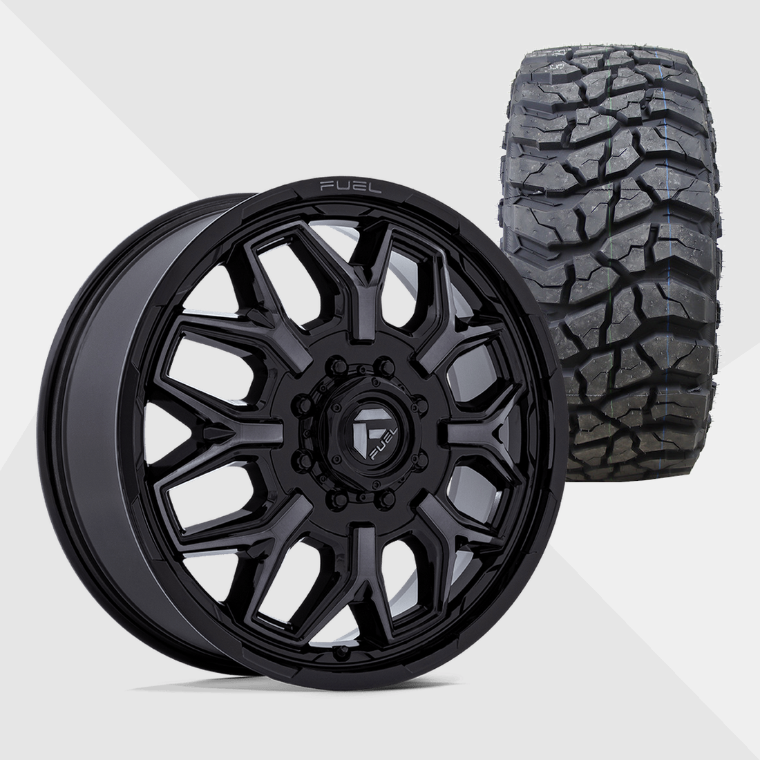 Fuel Offroad Flux Gloss Black Gray Tint Brushed Face 22x8.25 8x210 with Venom Power Tires Swampthing M/T 35x12.50R22 Dually Package