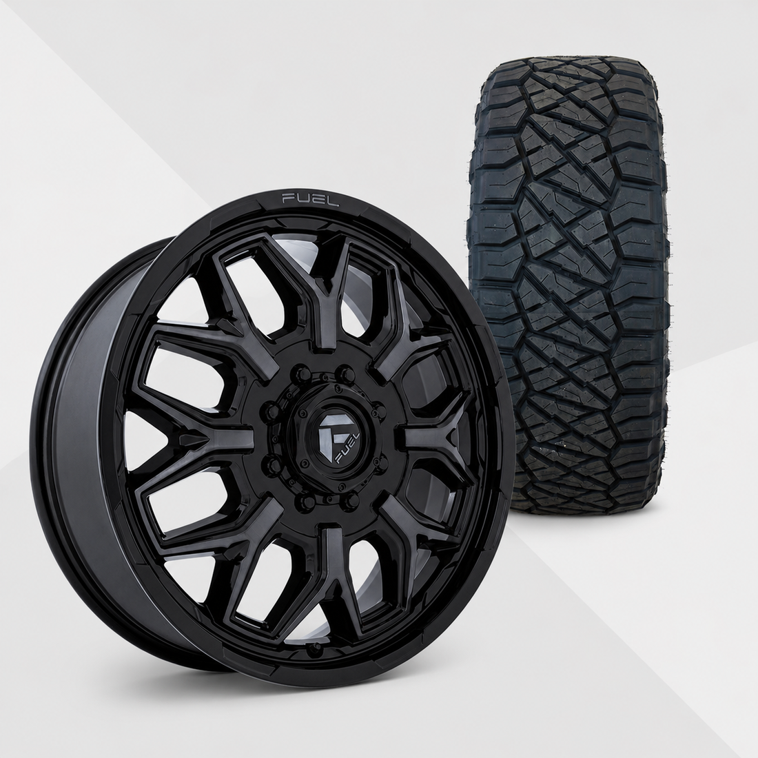 Fuel Offroad Flux 20x8.25 Wheels & Nitto Tires Ridge Grappler 35x12.50R20 Tires - 20" Dually Package
