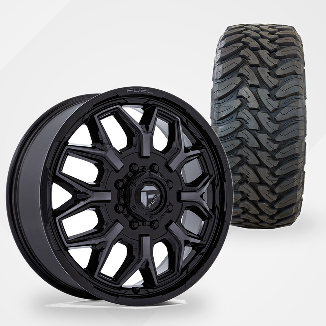 Fuel Offroad Flux 20x8.25 Wheels & Toyo Tires Open Country M/T 35x12.50R20 Tires - 20" Dually Package