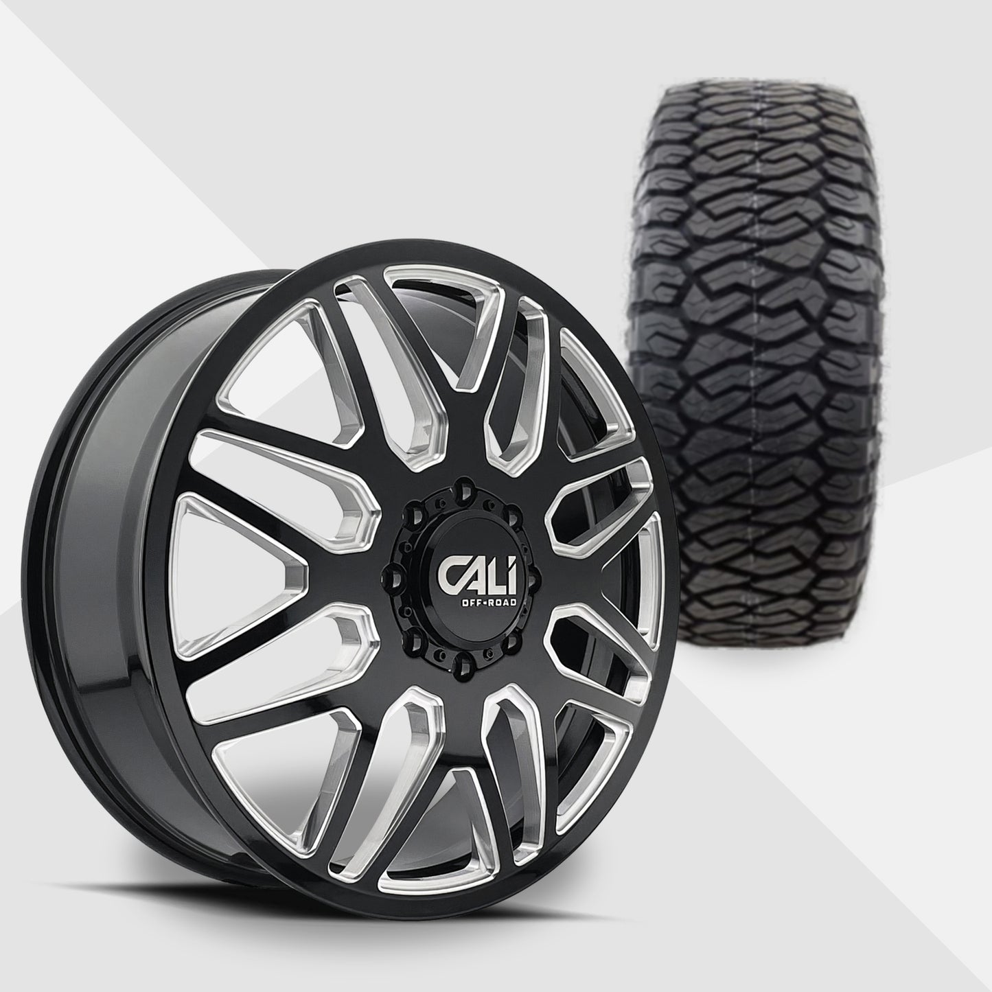 Cali Offroad Invader Dually Gloss Black Milled Spokes 22x8.25 Wheels & Maxxis Tires Razr M/T 35x12.50R22 Tires - 22" Dually Package