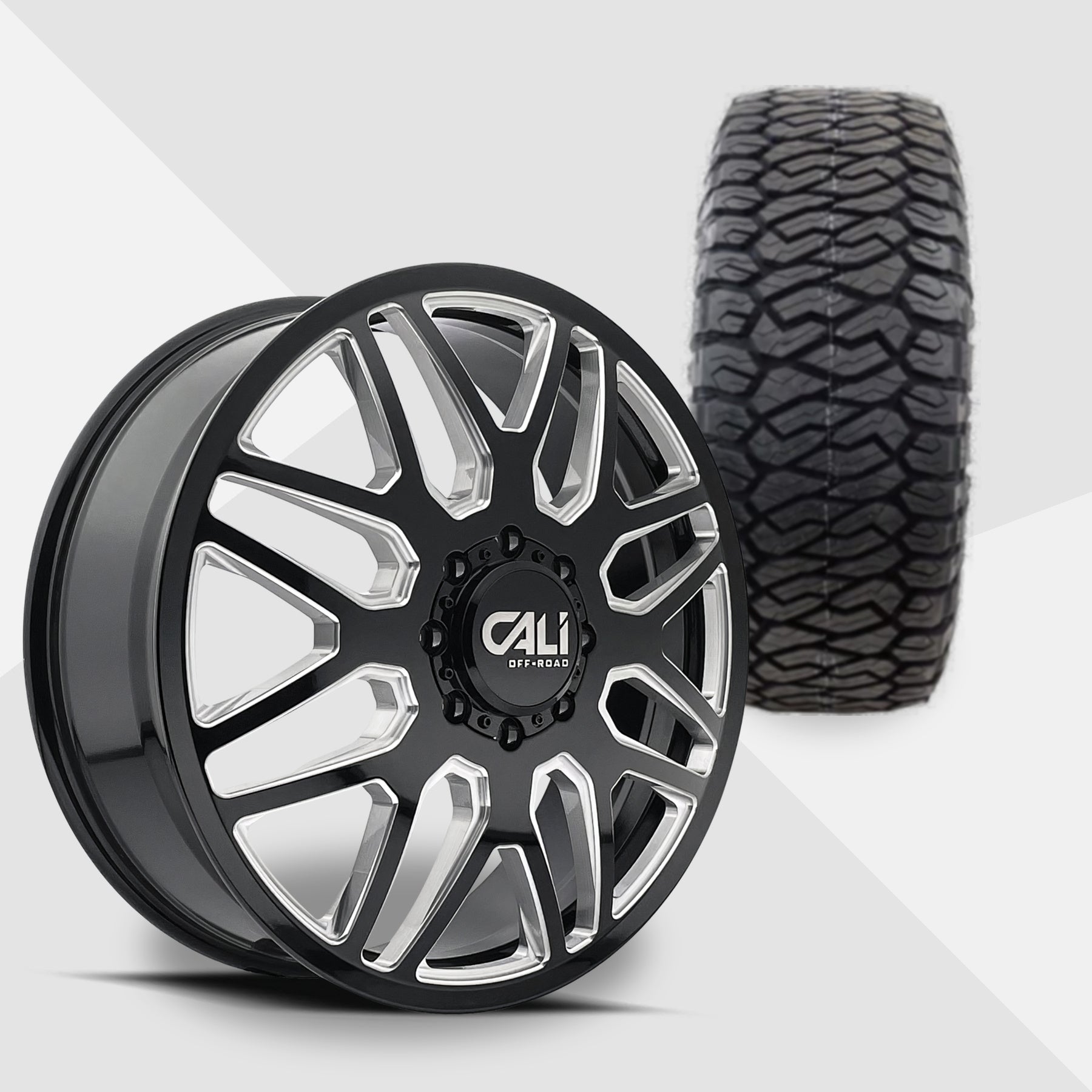 Cali Offroad Invader Dually Gloss Black Milled Spokes 22x8.25 Wheels & Maxxis Tires Razr M/T 35x12.50R22 Tires - 22" Dually Package