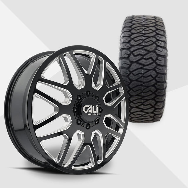Cali Offroad Invader Dually Gloss Black Milled Spokes 22x8.25 Wheels & Maxxis Tires Razr M/T 35x12.50R22 Tires - 22" Dually Package