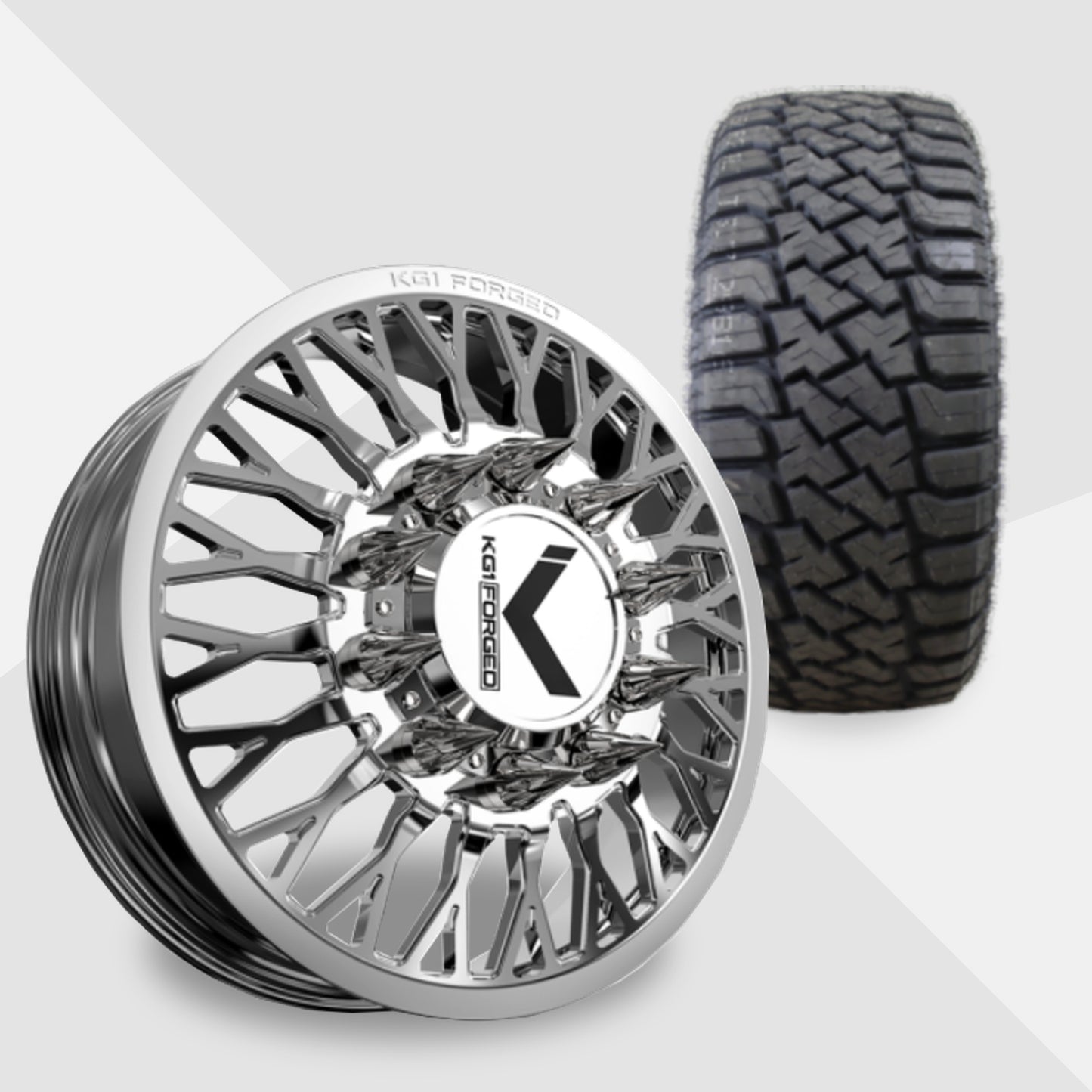 KG1 Jacked-KD 24x8.25 Wheels & LandSpider Tires Wildtraxx R/T 37x13.50R24 Tires - 24" Dually Package