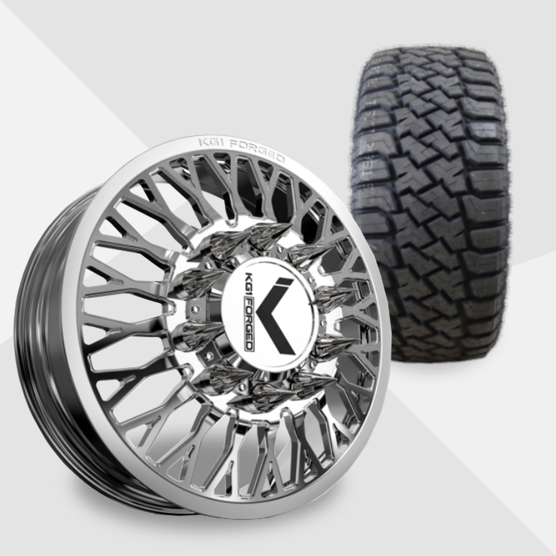KG1 Jacked-KD 24x8.25 Wheels & LandSpider Tires Wildtraxx R/T 37x13.50R24 Tires - 24" Dually Package