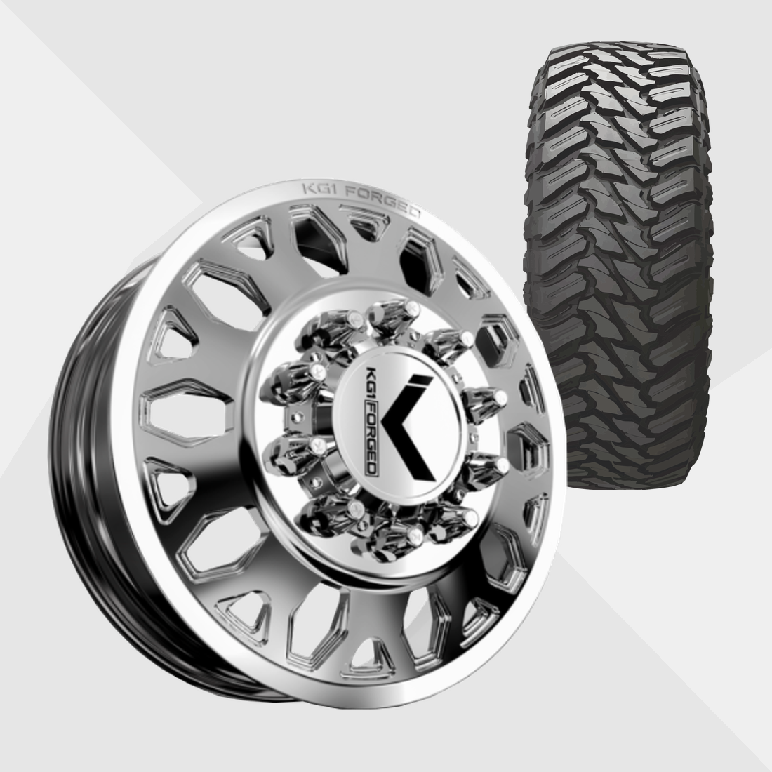 KG1 KD002 Honor-KD Polished 22x8.25 8x275 with Atturo Tires Trail Blade M/T 35x12.50R22 Dually Package