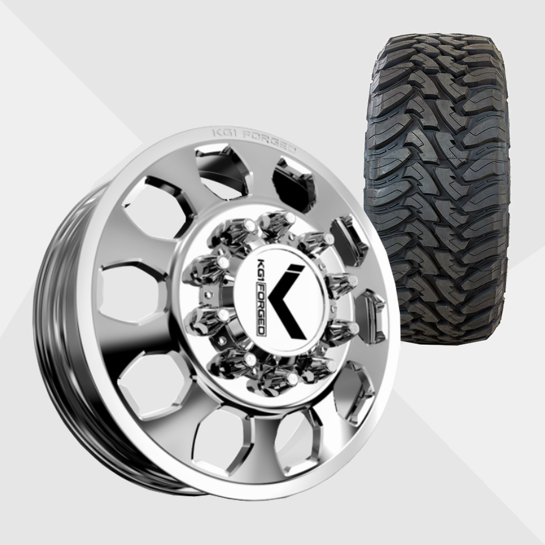 KG1 KD003 Sarge-KD Polished 22x8.25 8x165.1 (8x6.5) with Toyo Tires Open Country M/T 33x12.50R22 Dually Package