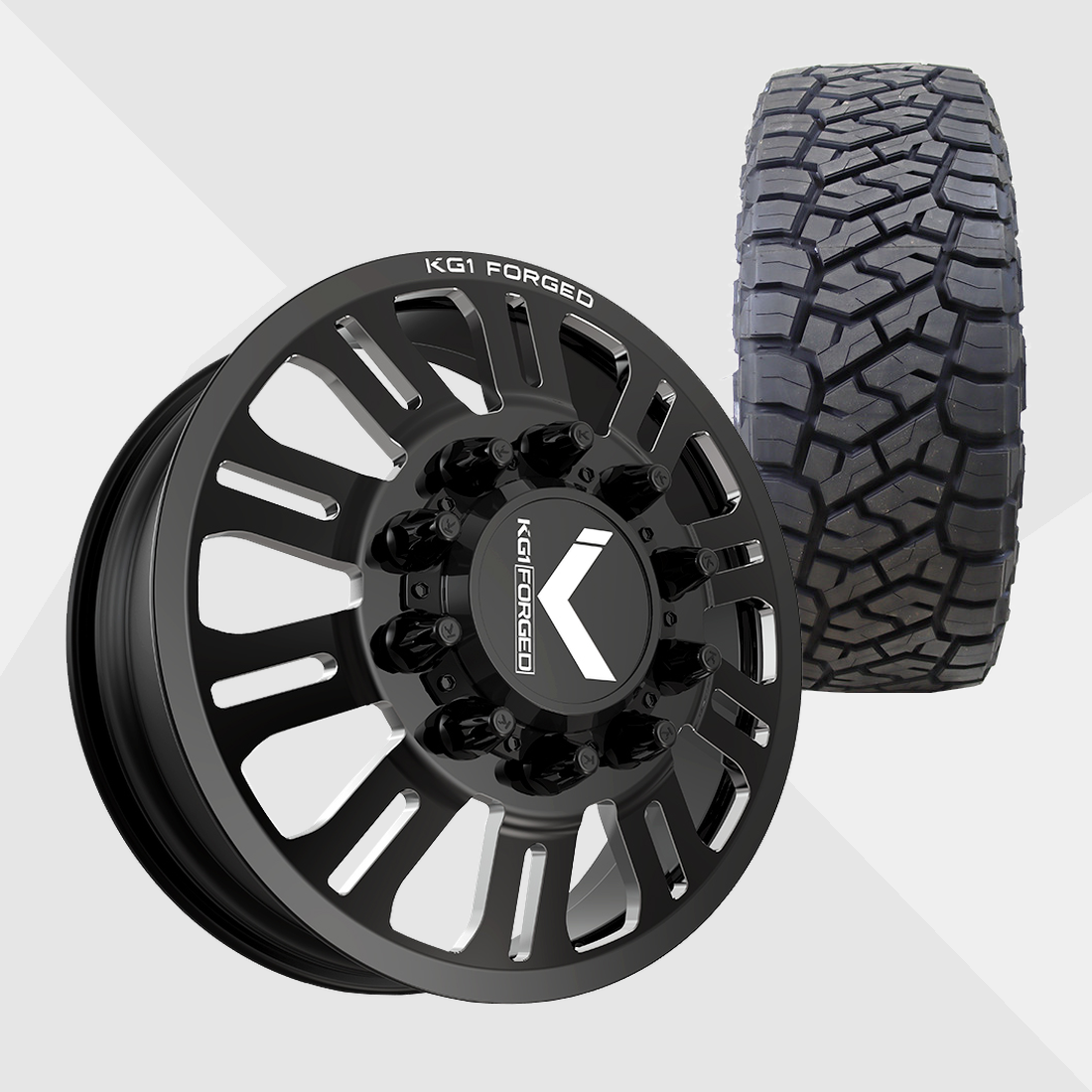 KG1 KD004 Duel-KD Gloss Black Milled 22x8.25 10x225 with Toyo Tires Open Country R/T Trail 35x12.50R22 Dually Package