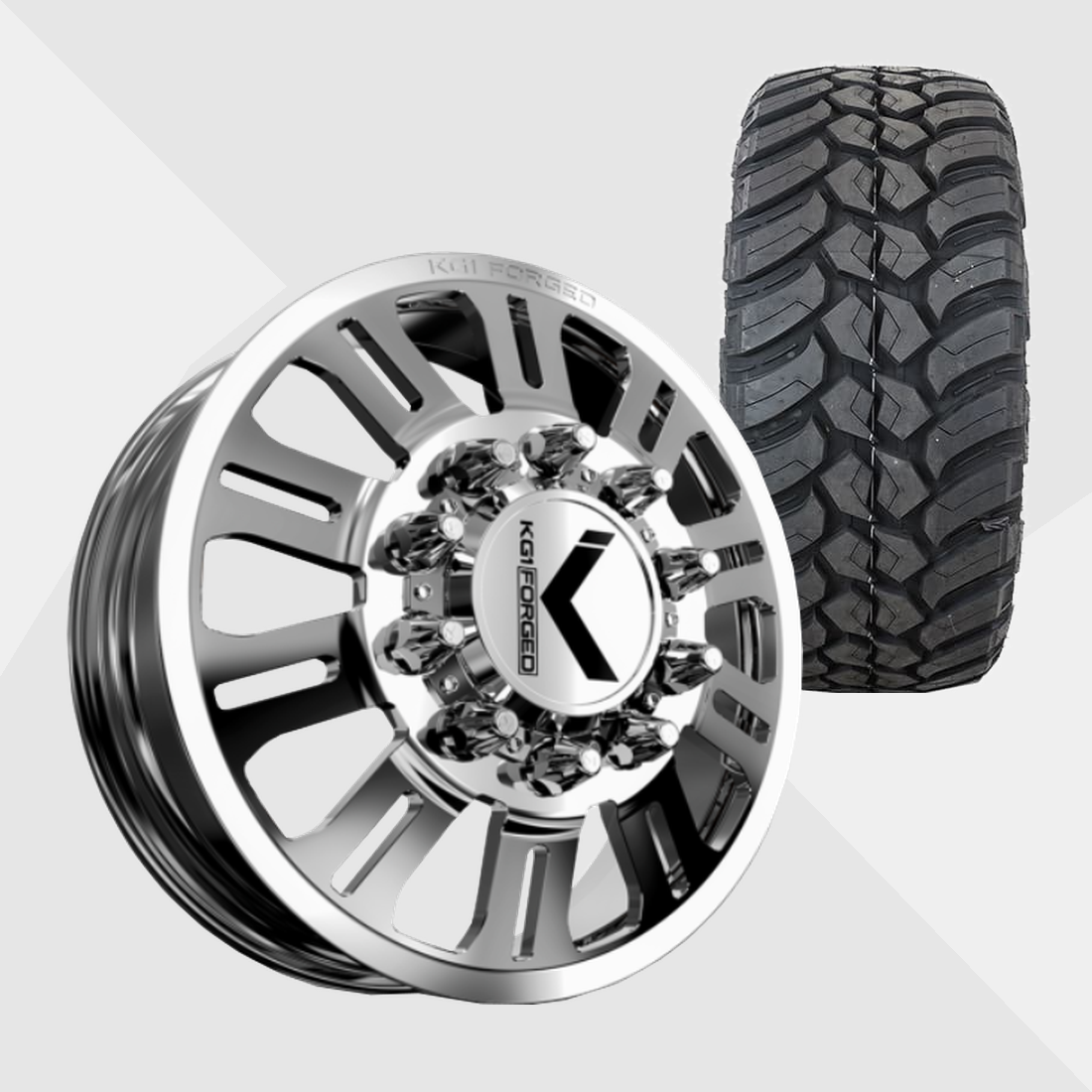 KG1 KD004 Duel-KD Polished 22x8.25 8x210 with AMP Tires Terrain Attack M/T 33x12.50R22 Dually Package