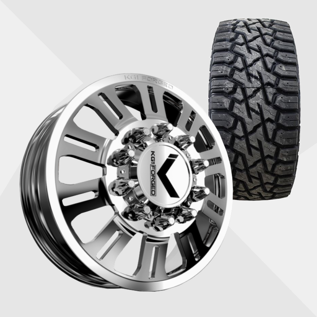 KG1 KD004 Duel-KD Polished 22x8.25 8x210 with Venom Power Tires Trail Hunter R/T 33x12.50R22 Dually Package