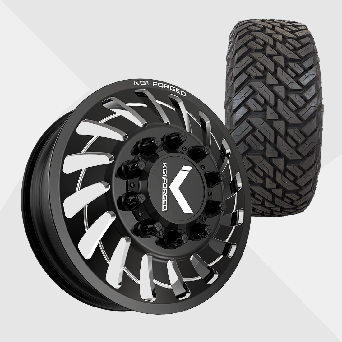 KG1 KD005 Razor-KD Gloss Black Milled 24x8.25 10x225 with Fuel Tires Gripper M/T 37x13.50R24 Dually Package