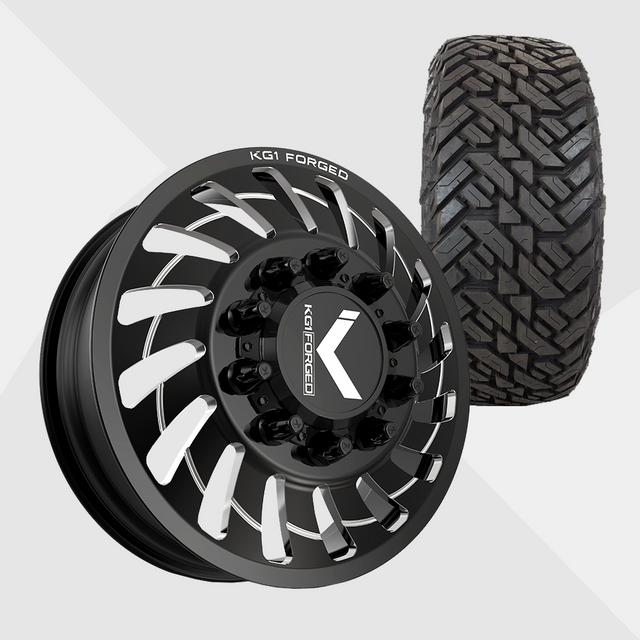 KG1 KD005 Razor-KD Gloss Black Milled 24x8.25 10x225 with Fuel Tires Gripper M/T 37x13.50R24 Dually Package