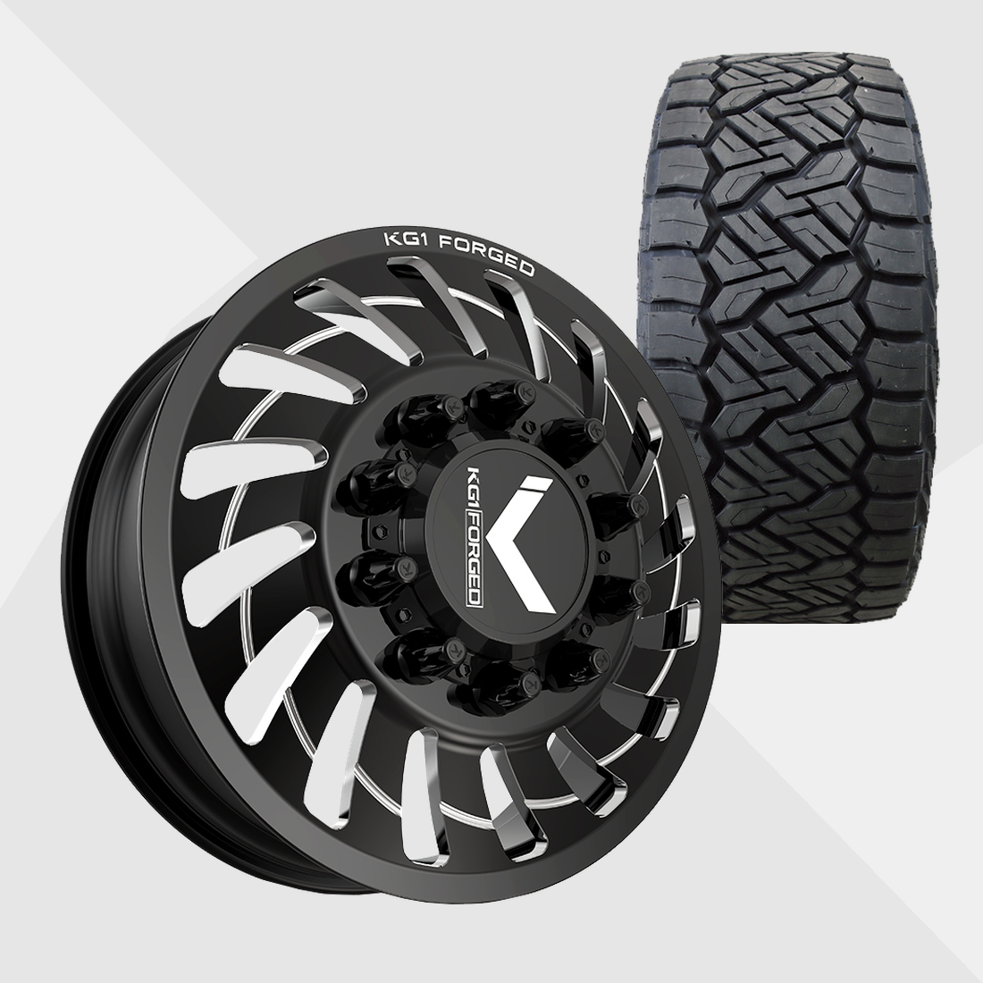 KG1 KD005 Razor-KD Gloss Black Milled 24x8.25 8x165.1 (8x6.5) with Nitto Tires Recon Grappler A/T 37x13.50R24 Dually Package