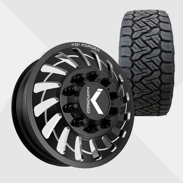 KG1 KD005 Razor-KD Gloss Black Milled 24x8.25 8x165.1 (8x6.5) with Nitto Tires Recon Grappler A/T 37x13.50R24 Dually Package