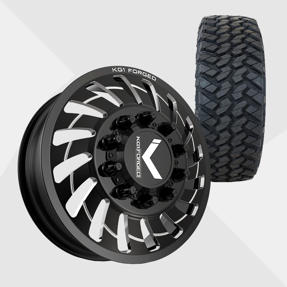 KG1 KD005 Razor-KD Gloss Black Milled 24x8.25 8x210 with Nitto Tires Trail Grappler M/T 37x13.50R24 Dually Package
