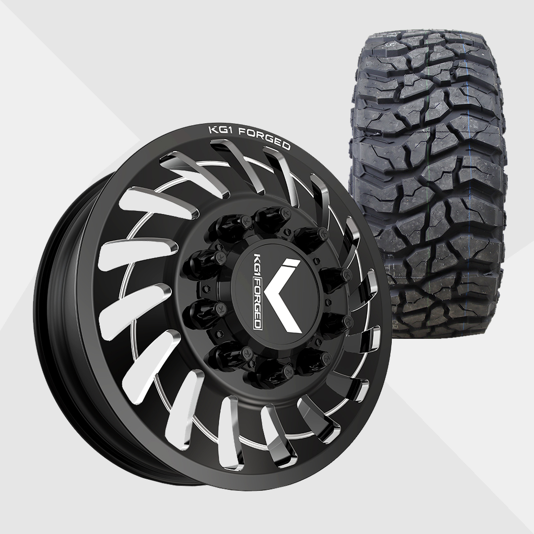 KG1 KD005 Razor-KD Gloss Black Milled 22x8.25 8x165.1 (8x6.5) with Venom Power Tires Swampthing M/T 33x12.50R22 Dually Package