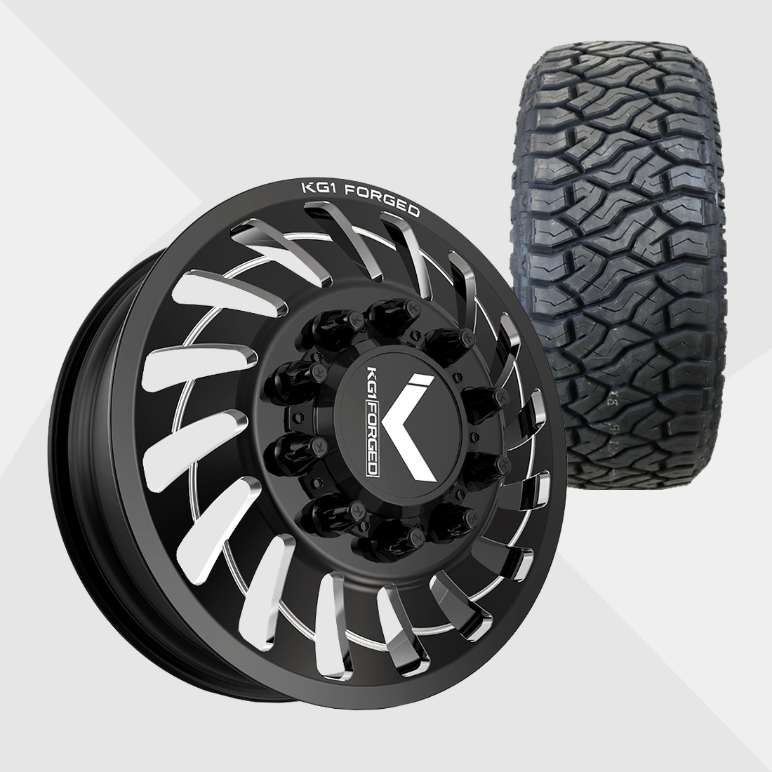 KG1 KD005 Razor-KD Gloss Black Milled 24x8.25 8x200 with Venom Power Tires Terra Hunter R/T Plus 37x13.50R24 Dually Package