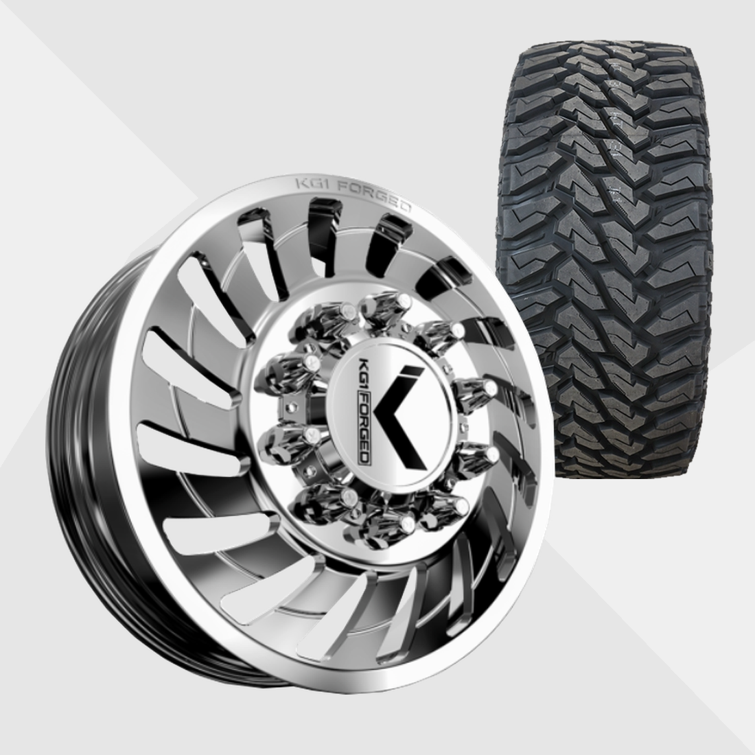 KG1 KD005 Razor-KD Polished 22x8.25 8x165.1 (8x6.5) with Venom Power Tires Terra Hunter M/T 35x12.50R22 Dually Package