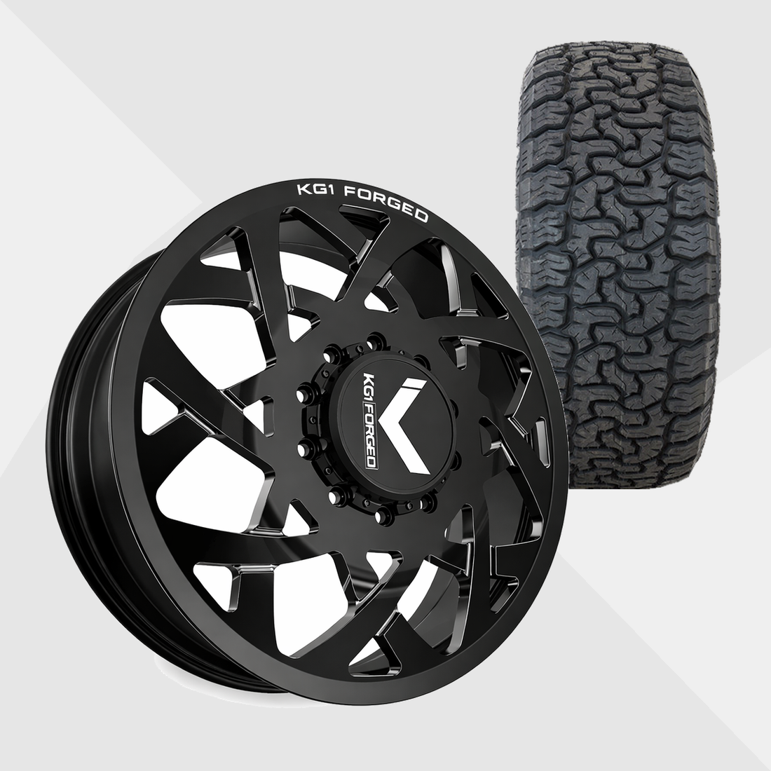 KG1 KD008 Orbital-KD Gloss Black Milled 22x8.25 8x200 with AMP Tires Terrain Pro A/T 295/50R22 Dually Package