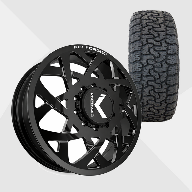 KG1 KD008 Orbital-KD Gloss Black Milled 22x8.25 8x200 with AMP Tires Terrain Pro A/T 295/50R22 Dually Package