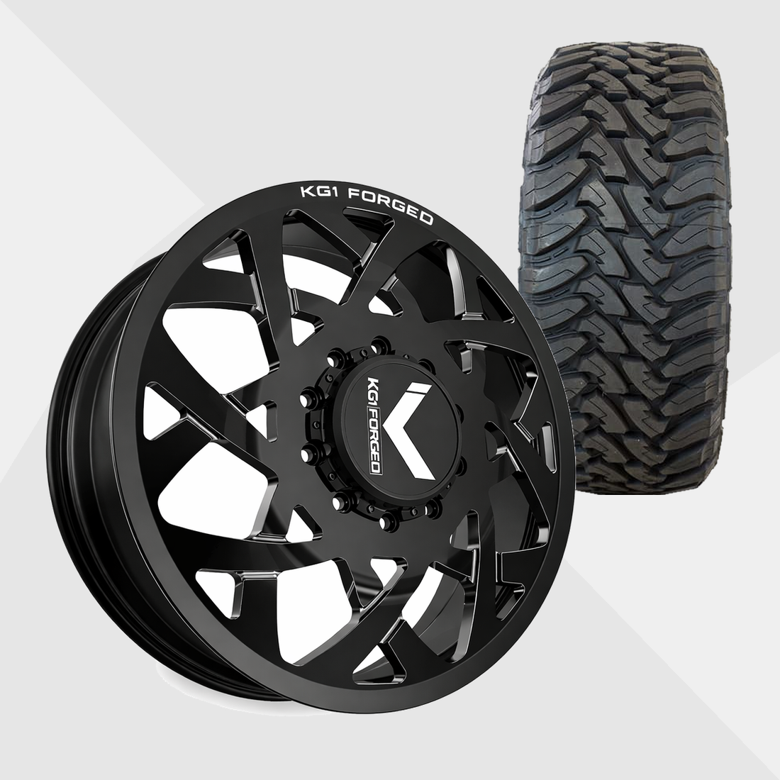 KG1 KD008 Orbital-KD Gloss Black Milled 24x8.25 8x200 with Toyo Tires Open Country M/T 37x13.50R24 Dually Package