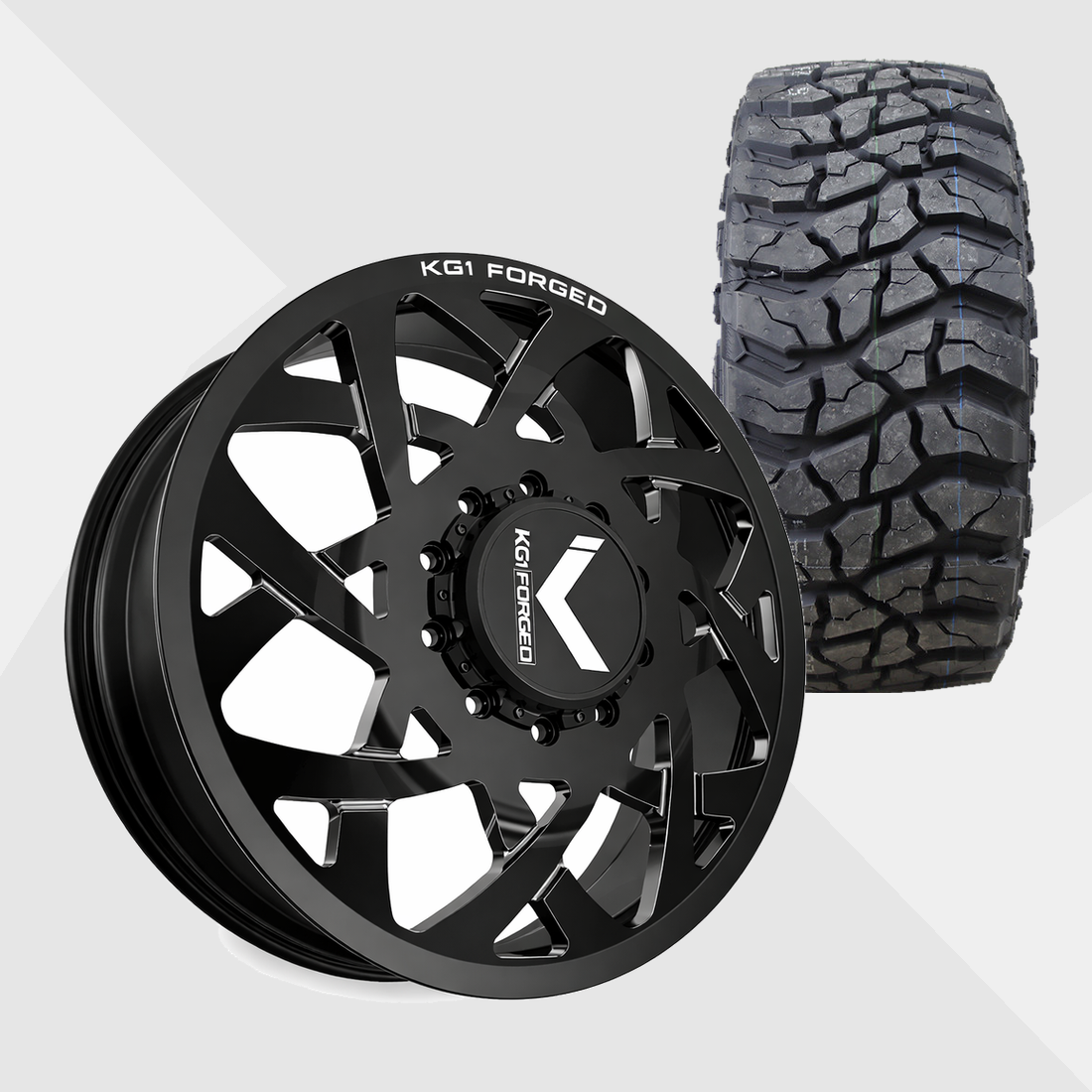 KG1 KD008 Orbital-KD Gloss Black Milled 22x8.25 8x165.1 (8x6.5) with Venom Power Tires Swampthing M/T 33x12.50R22 Dually Package