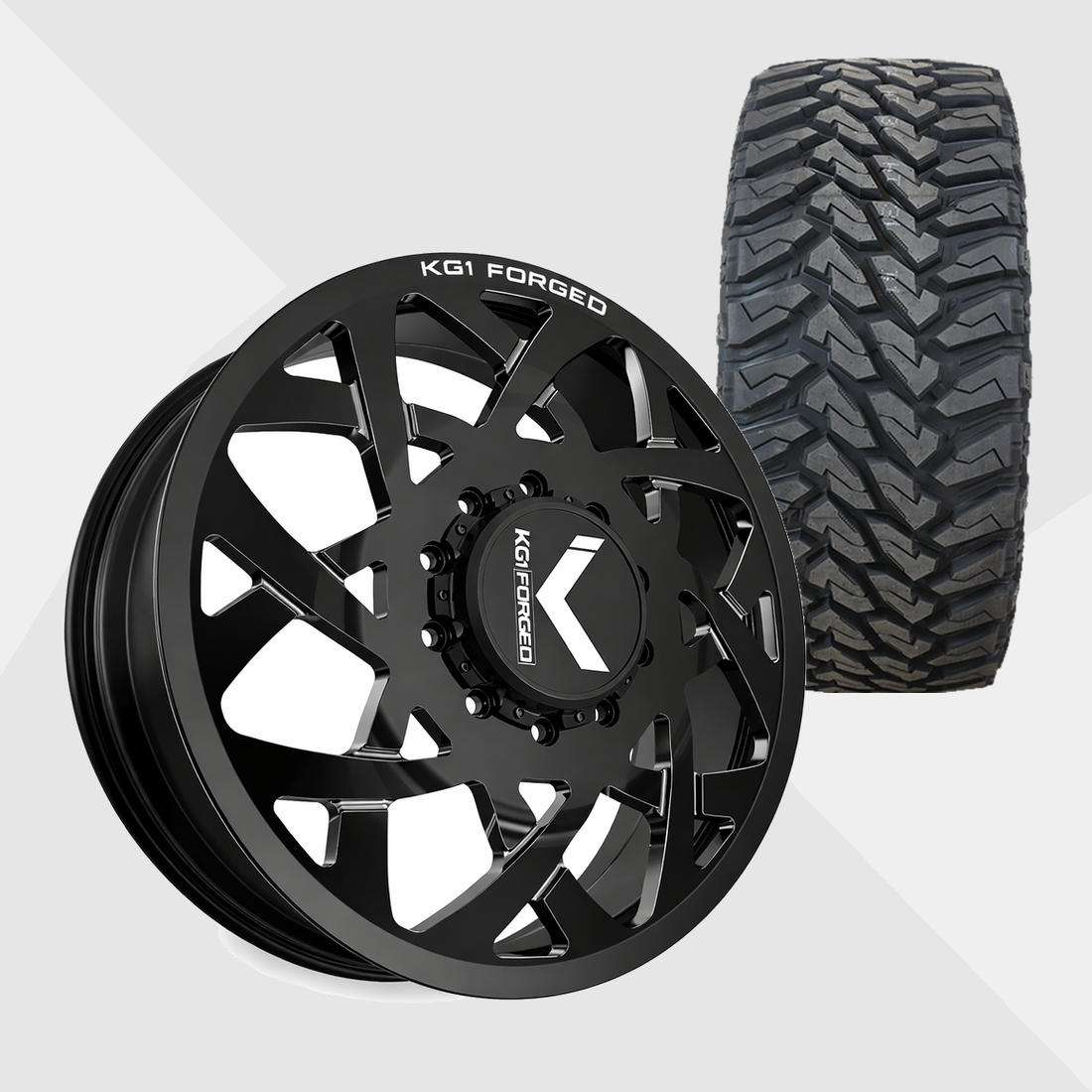 KG1 KD008 Orbital-KD Gloss Black Milled 22x8.25 8x165.1 (8x6.5) with Venom Power Tires Terra Hunter M/T 33x12.50R22 Dually Package