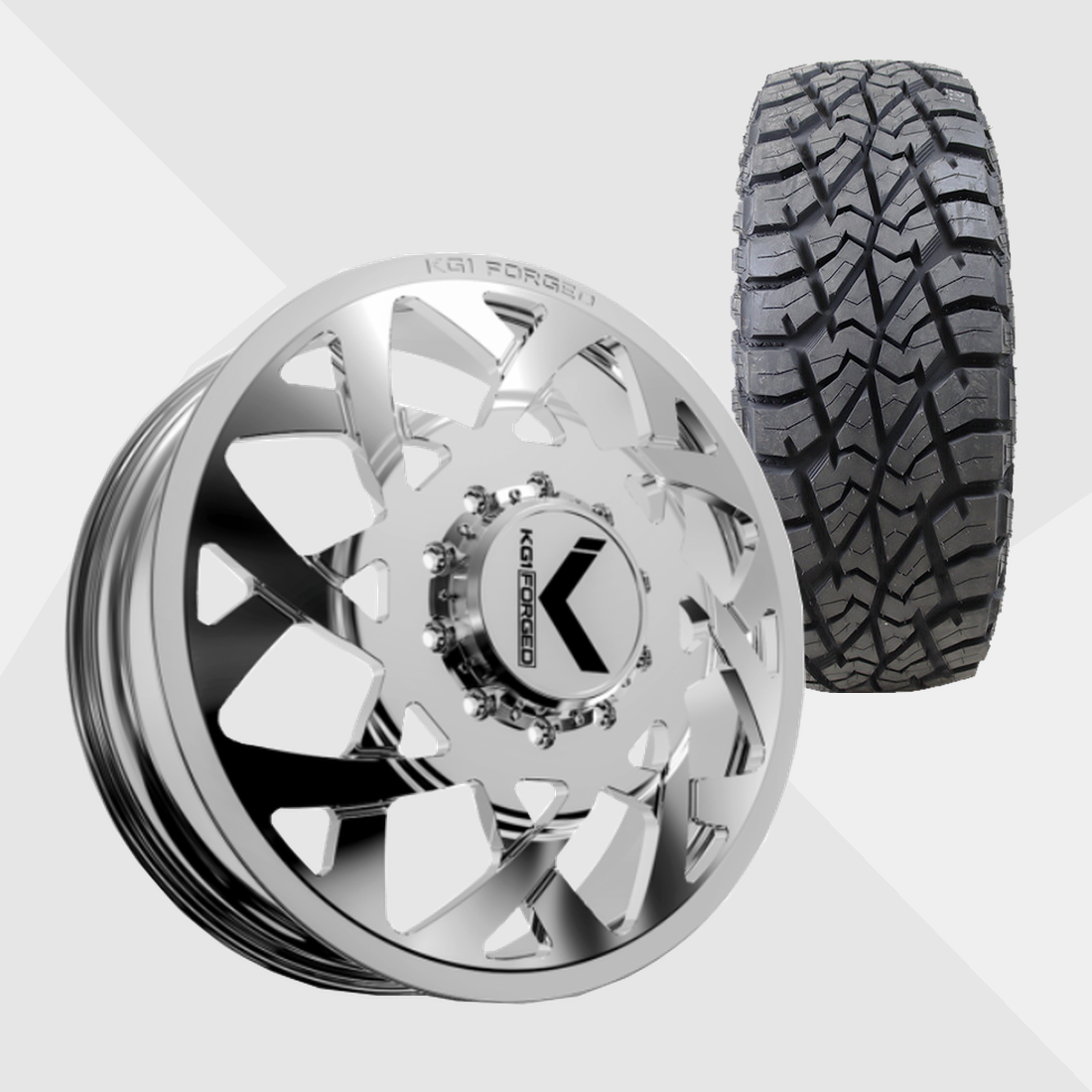 KG1 KD008 Orbital-KD Polished 24x8.25 8x165.1 (8x6.5) with AMP Tires Terrain Attack R/T 35x13.50R24 Dually Package